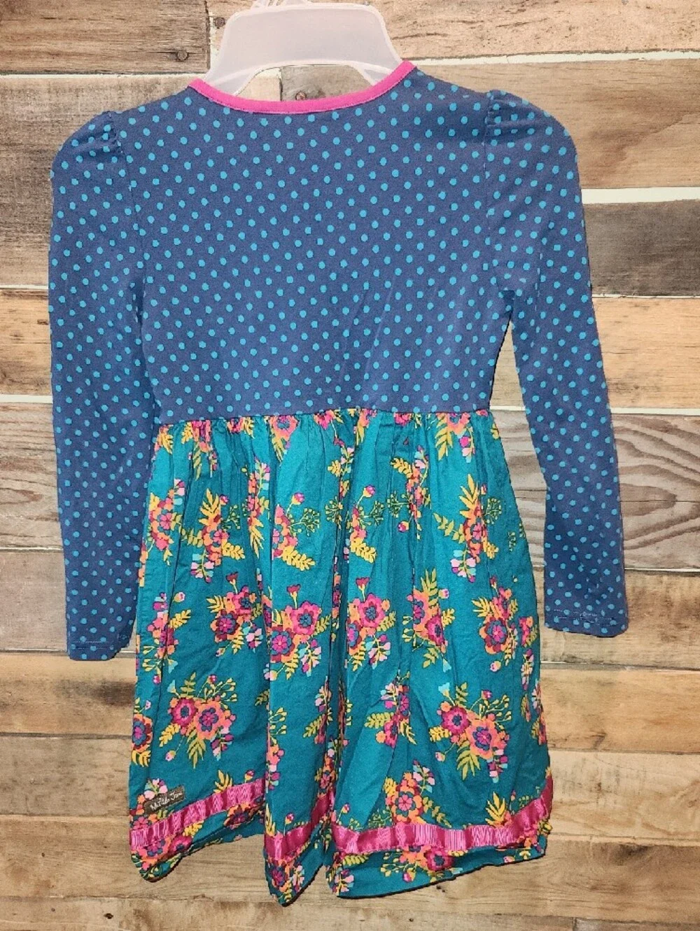 Matilda Jane Teal Floral & Navy Polka Dot Long-Sleeve Dress with Magenta Accents